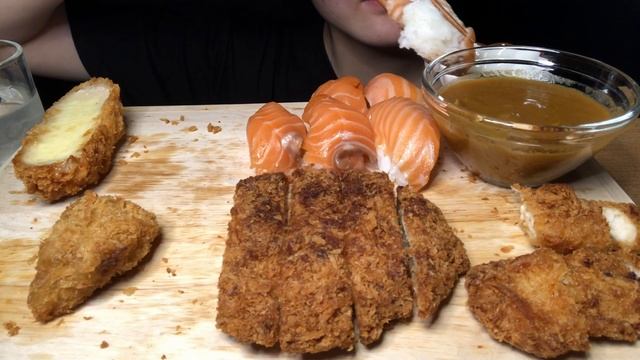 ASMR MUKBANG| PORK CUTLET (TONKATSU,KATSUDON) & SALMON SUSHI 돈까스 - (치즈돈까스,등심까스,히레카츠,치킨까스) & 연어초밥 먹방 смотреть онлайн