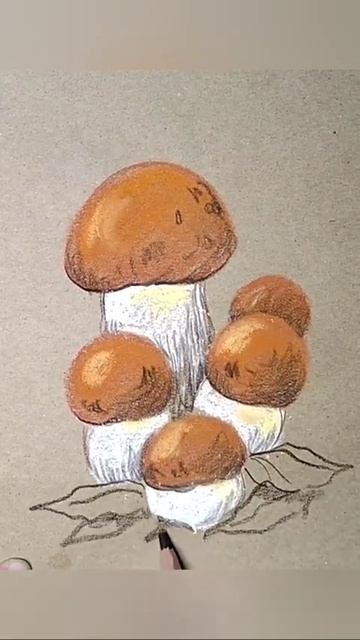 Подосиновики. Рисунок грибов сухой пастелью и карандашами на крафтовой бумаге. смотреть онлайн