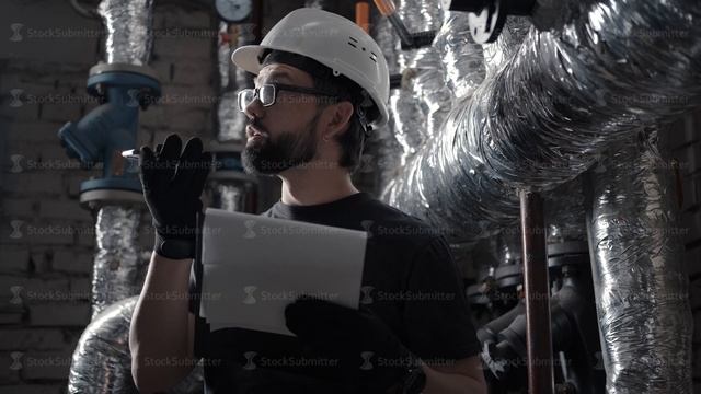 Engineer works in boiler room and dictates audio message on smartphone смотреть онлайн