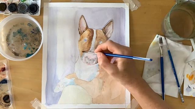 Time lapse bull terrier portrait painting in watercolors смотреть онлайн