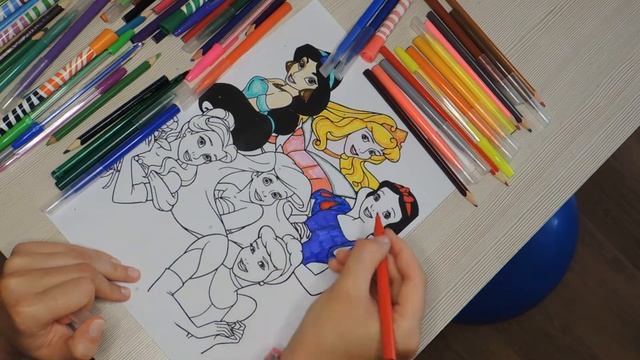 Coloring princesses Walt Disney coloring pages Jasmine, Aurora, Snow White, Ariel, Belle, Cinderell смотреть онлайн