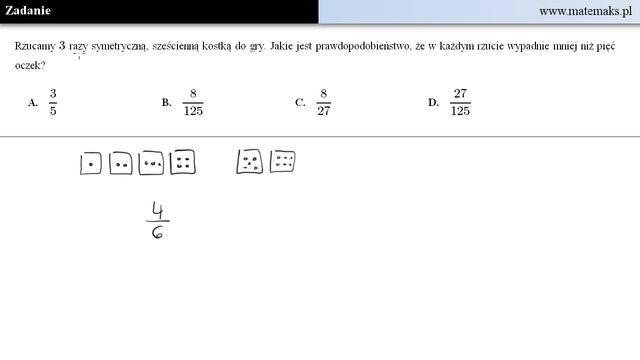 Zadanie - prawdopodobieństwo wyrzucenia mniej niż 5 oczek смотреть онлайн