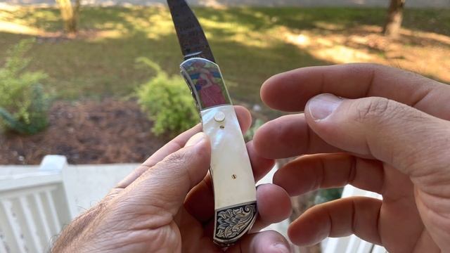 John W. Smith Sole Authorship Color Engraved Damascus & Pearl Automatic custom knife. смотреть онлайн