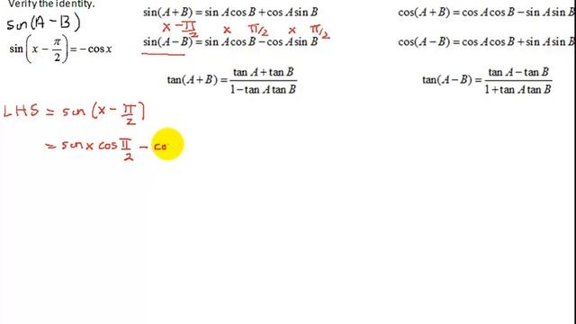 Verify Trigonometric Identity Using Difference Formula for Sine Function: sin(x-pi/2)=-cosx смотреть онлайн