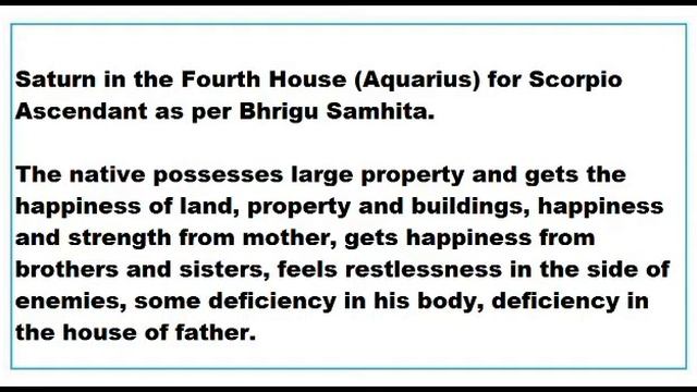 saturn in 4th House for scorpio Ascendant as per Bhrigu Samhita смотреть онлайн