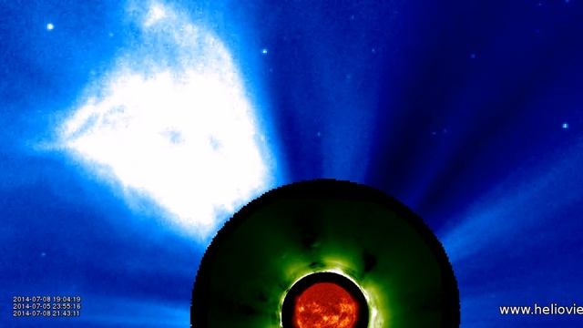AIA 304, LASCO C3, COR1-B (2014-07-08 13:22:19 - 2014-07-09 00:50:19 UTC) смотреть онлайн
