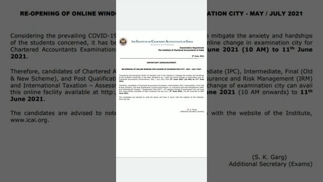 ICAI NEW UPDATE || RE-OPENING OF ONLINE WINDOW FOR CHANGE OF EXAMINATION CITY.MAY/JULY 2021 || смотреть онлайн