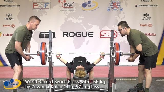 World Record Bench Press with 166 kg by Zuzanna Kula POL in 57 kg class смотреть онлайн