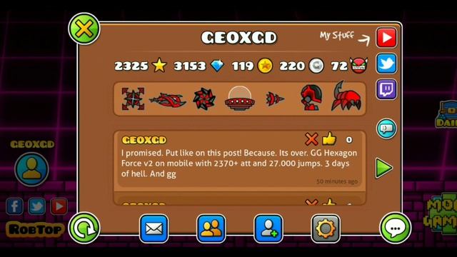 САМЫЙ СЛОЖНЫЙ ДЕМОН, КОТОРЫЙ Я ПРОШЕЛ! GEOMETRY DASH 2.11 ( HEXAGON FORCE V2 ) BY NEPTUNE.