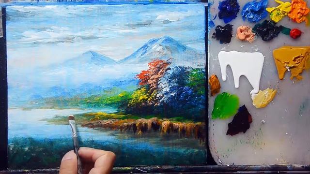 Basic Acrylic Landscape Painting Lesson River With Colorful Flowers & Trees | Art Tips Beginner
