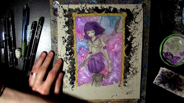 Watercolor Time Lapse Painting (+ Ink) - Sailor Saturn - Sailor Moon Anime