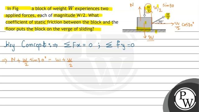 In Fig. 6-34 a block of weight \( W \) experiences two applied forces, each of magnitude W/2. Wh... смотреть онлайн