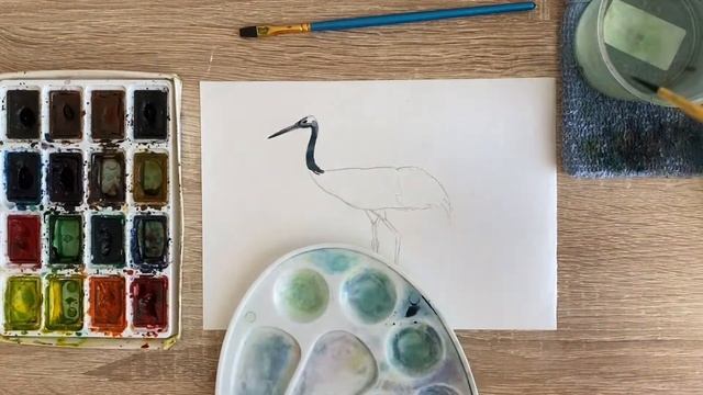Как нарисовать журавля карандашом и акварелью начинающим | Рисунок для детей смотреть онлайн