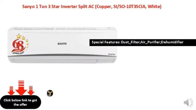 Sanyo 1 Ton 3 Star Inverter Split AC (Copper, SISO-10T3SCIA, White)