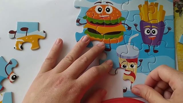 Пазлы фастфуд для детей. Пицца, гамбургер, хот-дог, сок, картошка фри.