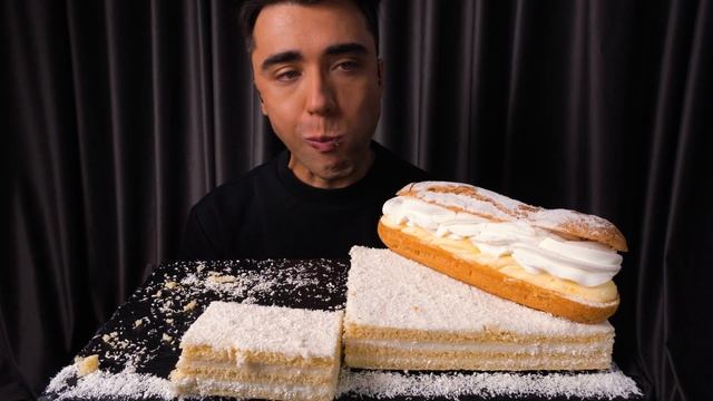 ASMR WHITE CHOCOLATE CAKE & VANILLA ECLAIRS | Mukbang Eating Sounds | McBang ASMR смотреть онлайн