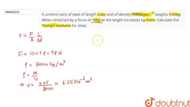 A uniform wire of steel of length 2.5m and of density 8000kg m^(-3) weigths 0.05kg. When stretch... смотреть онлайн