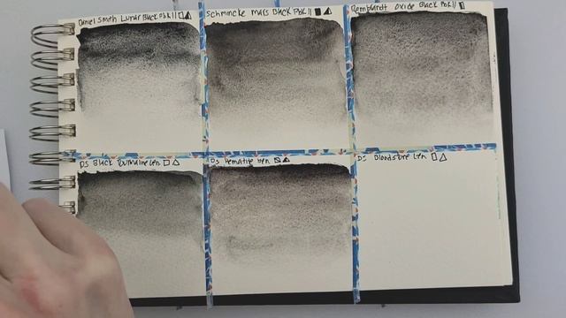 Watercolor Comparison Lunar, Mars, And Oxide Black PBK11 And Daniel Smith Primatek Blacks And Darks