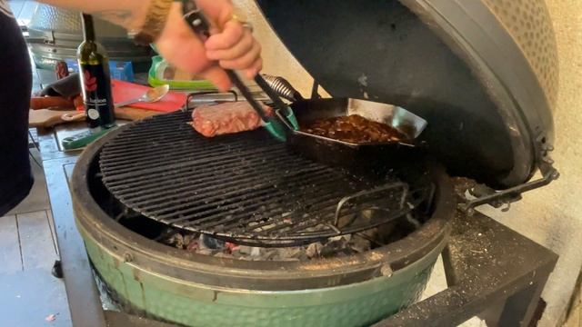 The perfect Ribeye on the Big Green Egg with cast iron mushrooms