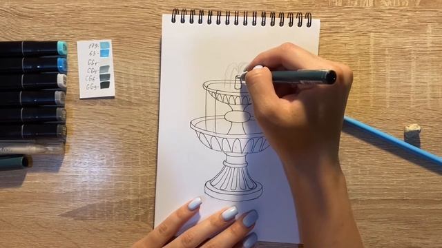 Как нарисовать фонтан карандашом и скетч маркерами | Рисунок для детей, поэтапно и легко смотреть онлайн