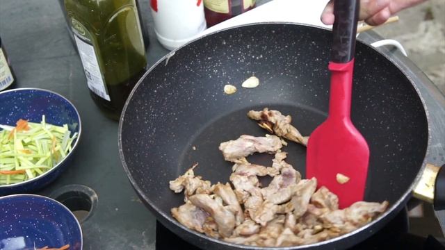 Outdoor Cooking: Stir Fry Noodles With Pork And Vegetables