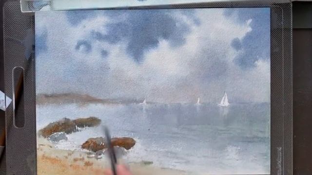 Рисую морской пейзаж с облаком. Time lapse. #seascapepainting #watercolor смотреть онлайн
