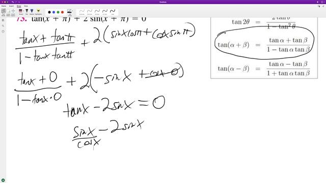 tan(x + pi) + 2sin(x + pi), solve for x смотреть онлайн