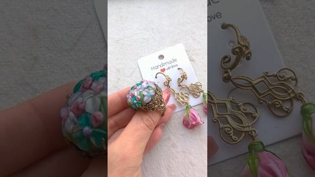 Кольцо и Серьги в винтажном стиле, стекло Lampwork ручной работы Aurora Fokina brand, металл- латун смотреть онлайн