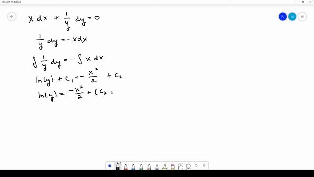 Seperable ODEs: xdx + (1/y)dy = 0 смотреть онлайн
