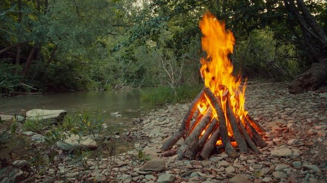 Красота вечернего костра на берегу реки. Гармония огня и природы смотреть онлайн