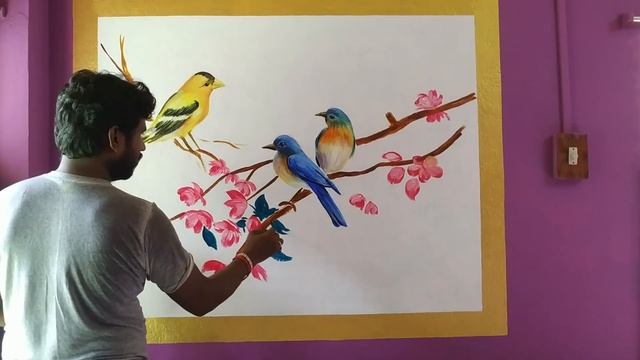 easy wall painting with acrylic color,how to draw flowers and bird step by step,wall designs смотреть онлайн