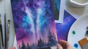 Как нарисовать звездное небо и лес акварелью