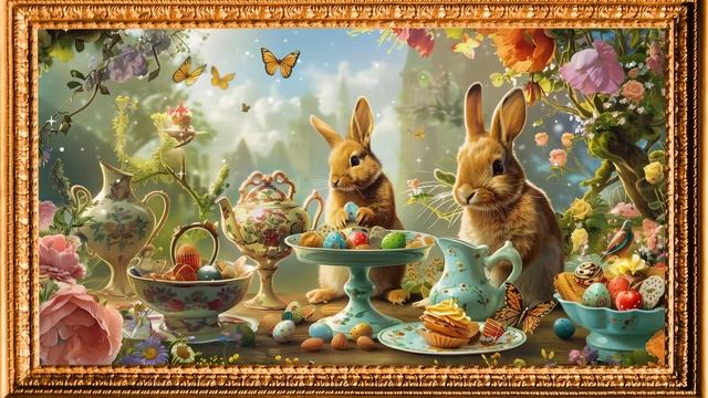 4K Free Framed TV Art Screensaver | Fantasy Bunny Land | Easter Eggs & Tea | 3 Hours смотреть онлайн