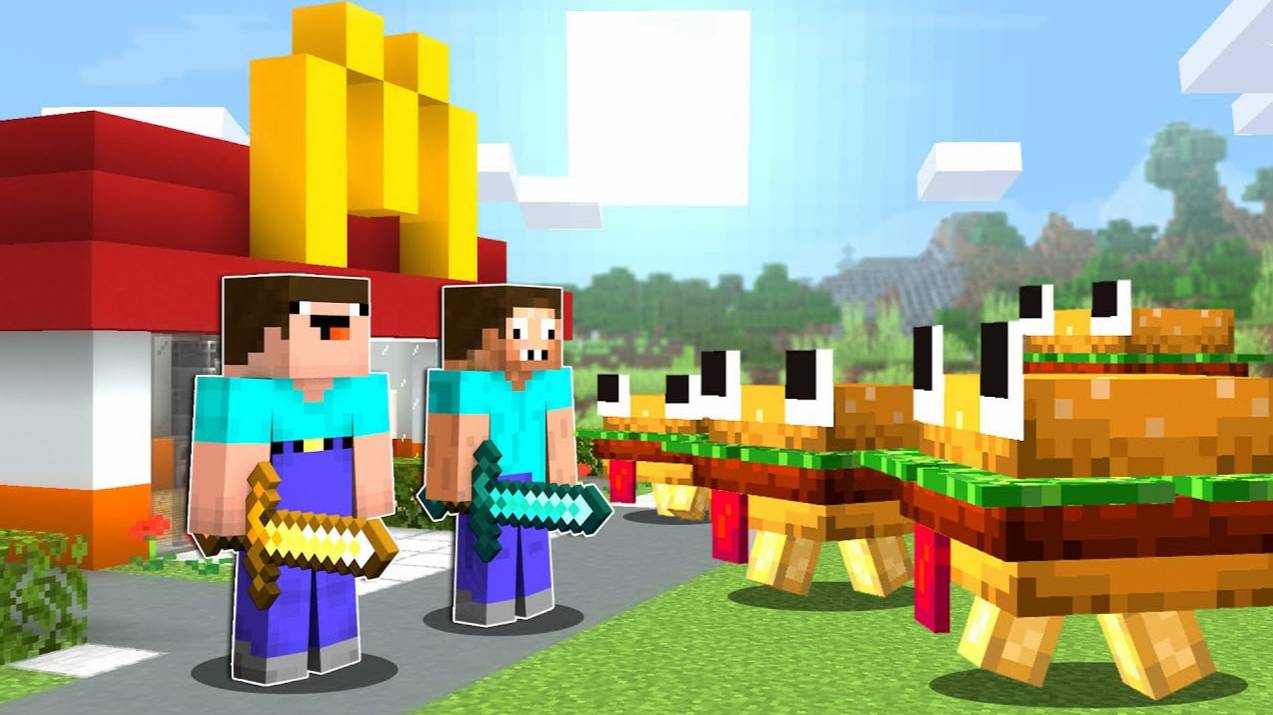 📹 НУБ И ПРО ПОСТРОИЛИ ЗАЩИЩЕННЫЙ МАКДОНАЛЬДС ПРОТИВ БУРГЕРОВ МАЙНКРАФТ ! НУБИК ЛОВУШКА MINECRAFT смотреть онлайн