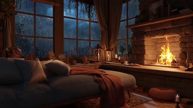 Дождливая ночь у камина - Спокойный сон и расслабление смотреть онлайн