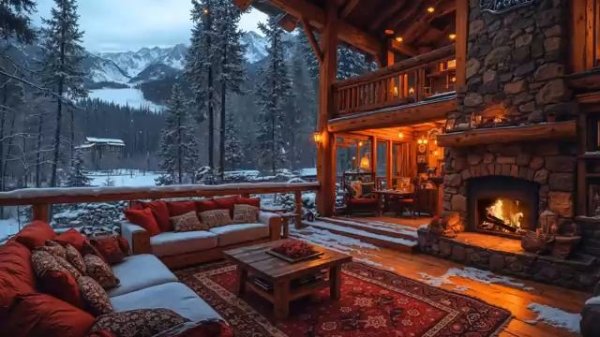 Snowfall Day at Cozy Winter Balcony Ambience Soft Background Jazz Instrumental Music