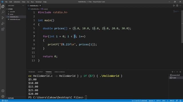 C print an array with loop 🔃 смотреть онлайн