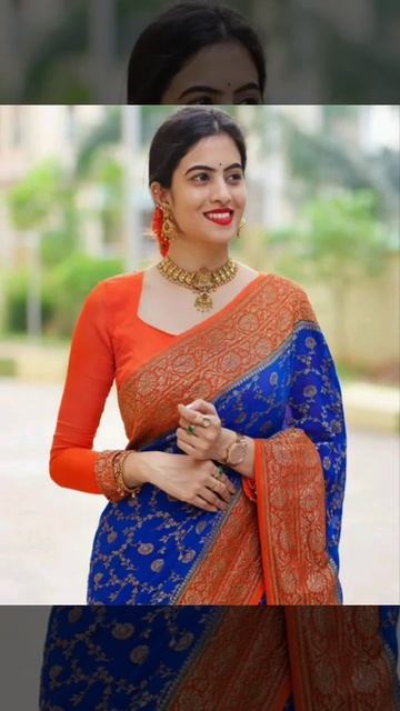 Orange Color Saree With Blue Borders | Orange & Blue Combination Lightweight Tripura Pure Silk Sare смотреть онлайн