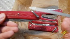 Нож складной трехпредметный с пилкой, красный. 120 мм. СССР