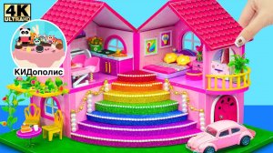 Как сделать игрушечный замок для куклы домик из картона с разноцветной лестницей и блестками Барби