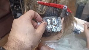 Мелирование голубой порошок + 6% оксид keen 1/2 + окрашивание промежутков тон в тон 6.73 keen velvet