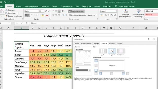 Excel_ Диагональное разделение ячейки (два заголовка в одной ячейке)