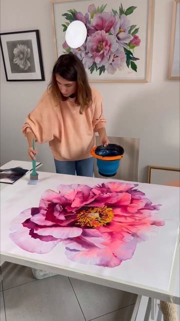 I’m not afraid to experiment with watercolor. My new big Neon peony 🌸 Available on my website смотреть онлайн