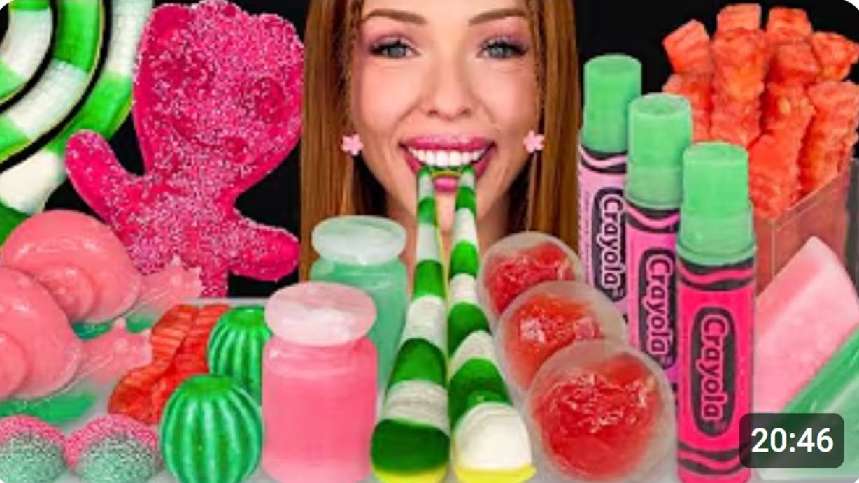 ASMR MUKBANG, арбузный десерт, кислые конфеты Lucas Salsagheti, желе из улиток, гигантские кислые па смотреть онлайн