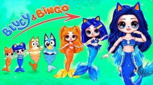 Блуи и Бинго стали русалками! Наша мама - Ариэль!  идеи для кукол ЛОЛ