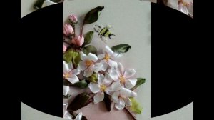 Веточка вишни. Вышивка лентами. Картина.