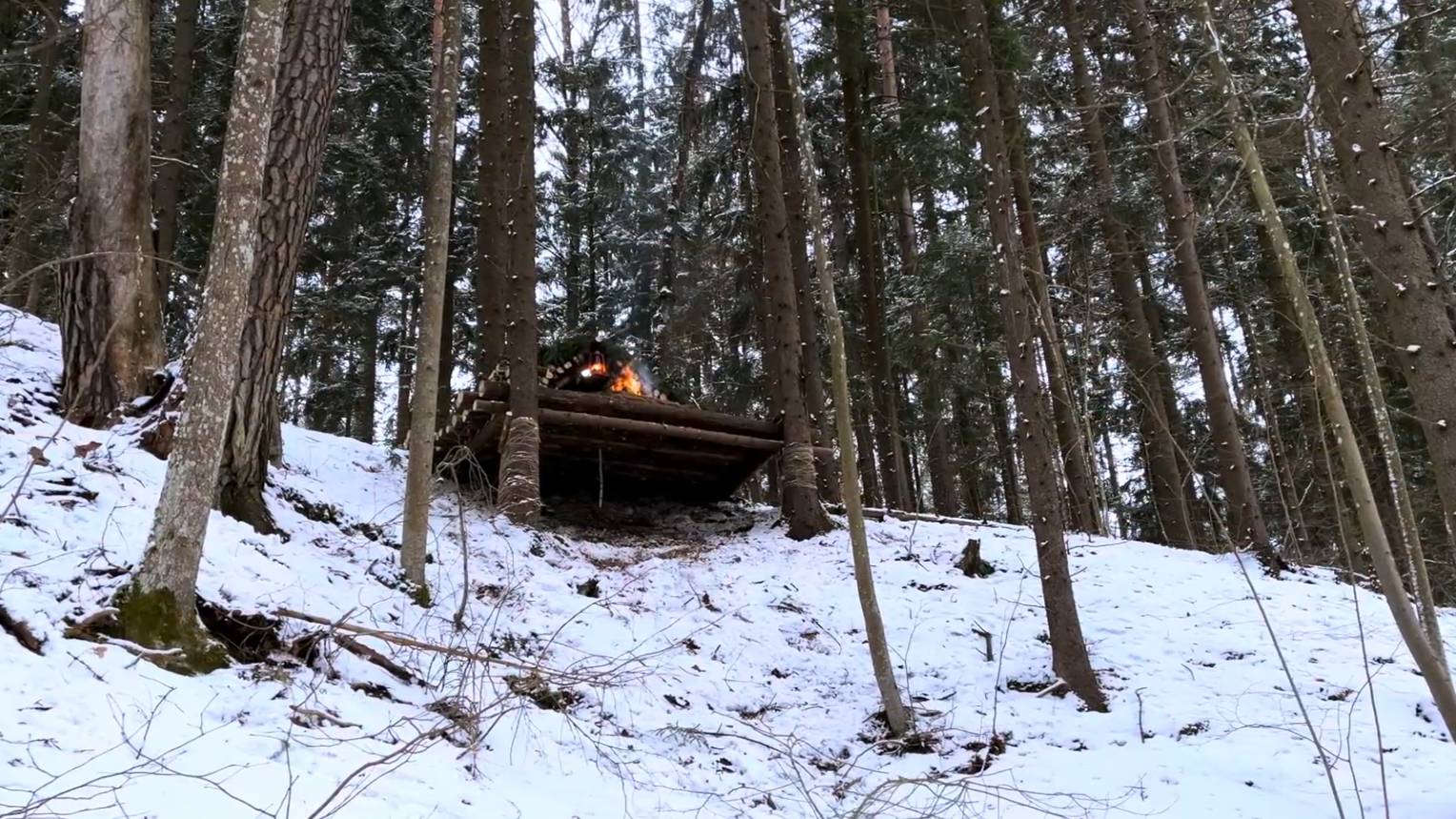 Строительство удобного бревенчатого укрытия на склоне горы. Бушкрафт в холодном зимнем лесу смотреть онлайн