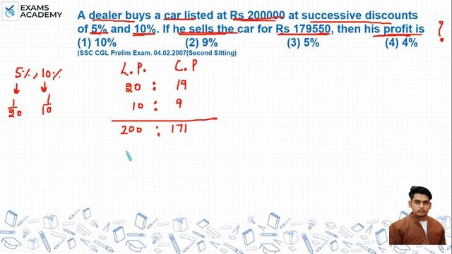 A dealer buys a car listed at 200000 at successive discounts of 5% and 10%. If he sells the car for смотреть онлайн