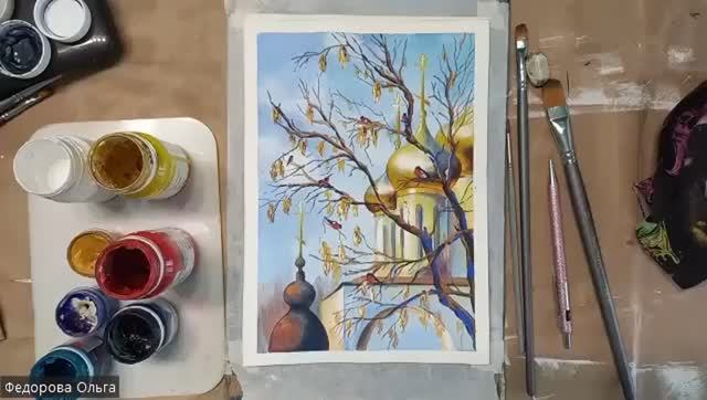 Гуашь. Церквушка и снегири