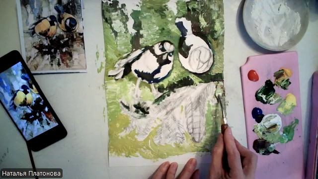 Синички (мастихин + плоская кисть) смотреть онлайн